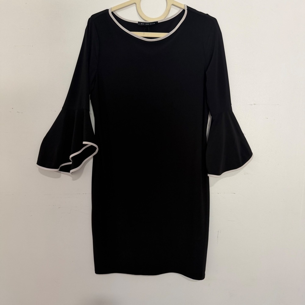 Nik and Nash Black Bell Sleeve Sheath Dress White Trim Round Neck Stretch